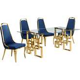 D222 Dining Set in Tempered Glass, Gold Stainless, Navy Blue Velvet & Gold Chrome