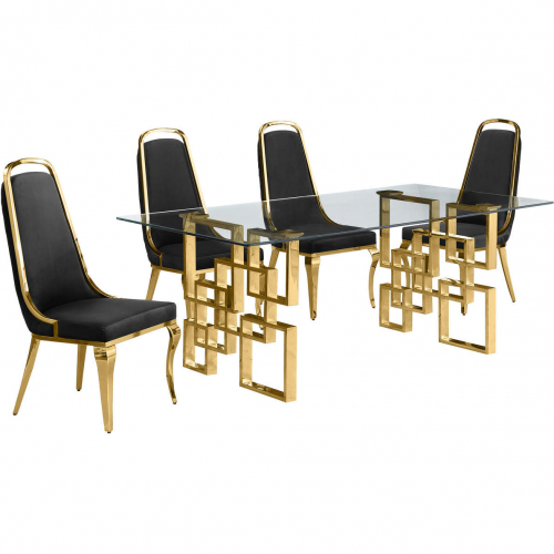 D222 Dining Set in Tempered Glass, Gold Stainless, Black Velvet & Gold Chrome