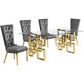 D222 Dining Set in Tempered Glass, Gold Stainless, Dark Gray Velvet & Gold Chrome