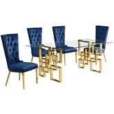 D222 Dining Set in Tempered Glass, Gold Stainless, Navy Blue Velvet & Gold Chrome