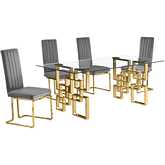 D222 Dining Set in Tempered Glass, Gold Stainless, Dark Gray Velvet & Gold Chrome
