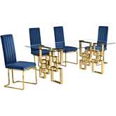 D222 Dining Set in Tempered Glass, Gold Stainless, Navy Blue Velvet & Gold Chrome