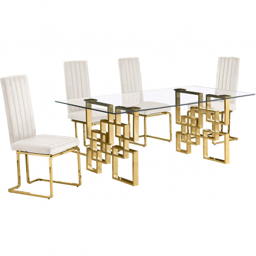 D222 Dining Set in Tempered Glass, Gold Stainless, Cream Velvet & Gold Chrome