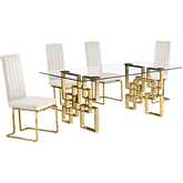 D222 Dining Set in Tempered Glass, Gold Stainless, Cream Velvet & Gold Chrome