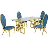 D222 5 Piece Dining Set in Glass, Gold Stainless Steel & Teal Blue Velvet