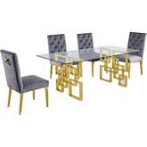 D222 5 Piece Dining Set in Glass, Gold Stainless Steel & Dark Gray Velvet