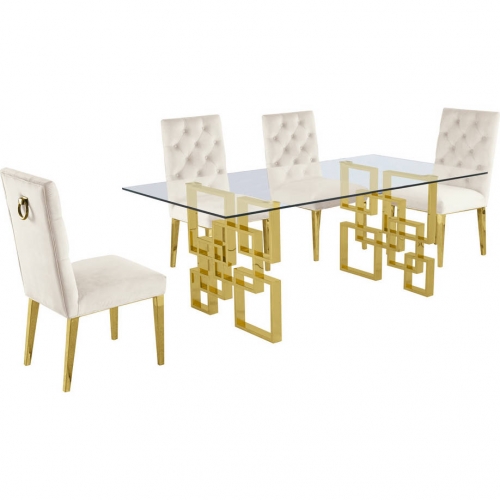 D222 5 Piece Dining Set in Glass, Gold Stainless Steel & Cream Velvet