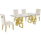 D222 5 Piece Dining Set in Glass, Gold Stainless Steel & Cream Velvet