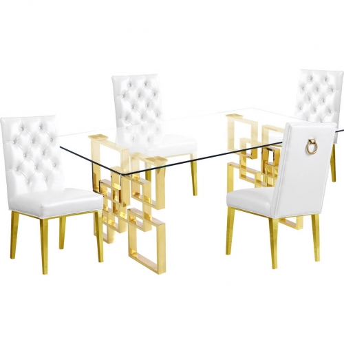 D222 5 Piece Dining Set in Glass, Gold Stainless Steel & White Leatherette