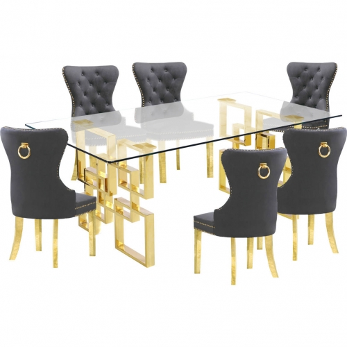 D222 7 Piece Dining Set in Glass, Gold Stainless Steel & Dark Gray Velvet