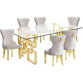 D222 7 Piece Dining Set in Glass, Gold Stainless Steel & Cream Velvet