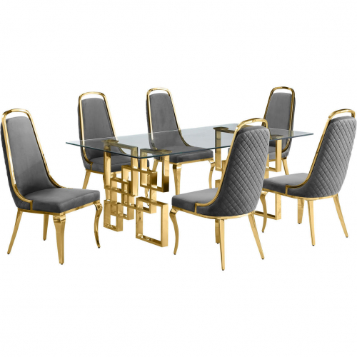 D222 7 Piece Dining Set in Tempered Glass, Gold Stainless Steel & Dark Gray Velvet