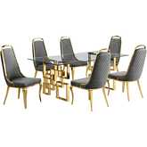D222 7 Piece Dining Set in Tempered Glass, Gold Stainless Steel & Dark Gray Velvet