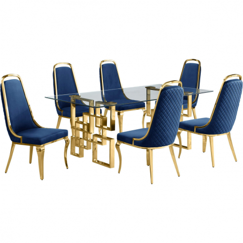 D222 7 Piece Dining Set in Tempered Glass, Gold Stainless Steel & Navy Blue Velvet