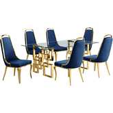 D222 7 Piece Dining Set in Tempered Glass, Gold Stainless Steel & Navy Blue Velvet