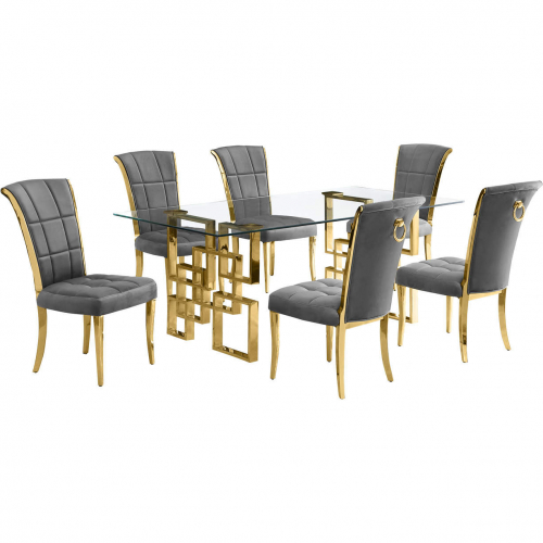 D222 7 Piece Dining Set in Tempered Glass, Polished Gold Stainless Steel & Dark Gray Velvet