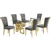 D222 7 Piece Dining Set in Tempered Glass, Polished Gold Stainless Steel & Dark Gray Velvet