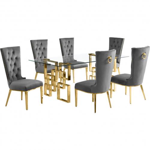 D222 7 Piece Dining Set in Tempered Glass, Polished Gold Stainless Steel & Dark Gray Velvet