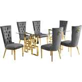 D222 7 Piece Dining Set in Tempered Glass, Polished Gold Stainless Steel & Dark Gray Velvet