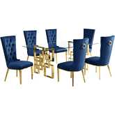 D222 7 Piece Dining Set in Tempered Glass, Polished Gold Stainless Steel & Navy Blue Velvet
