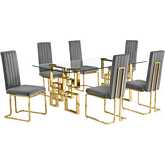 D222 7 Piece Dining Set in Tempered Glass, Gold Stainless Steel & Dark Gray Velvet