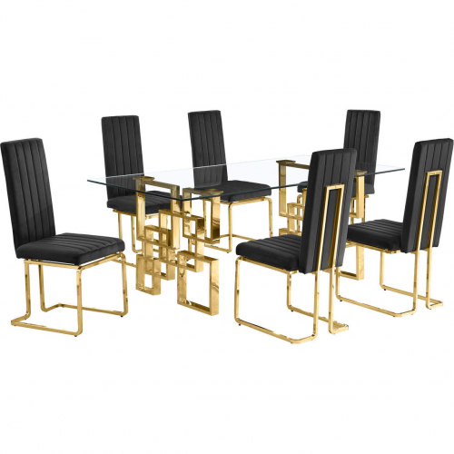 D222 7 Piece Dining Set in Tempered Glass, Gold Stainless Steel & Black Velvet