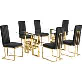 D222 7 Piece Dining Set in Tempered Glass, Gold Stainless Steel & Black Velvet