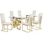 D222 7 Piece Dining Set in Tempered Glass, Gold Stainless Steel & Cream Velvet