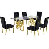 D222 7 Piece Dining Set in Glass, Gold Stainless Steel & Black Velvet