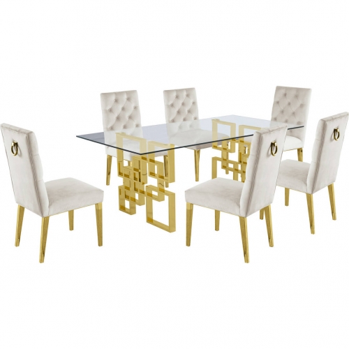 D222 7 Piece Dining Set in Glass, Gold Stainless Steel & Cream Velvet