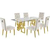 D222 7 Piece Dining Set in Glass, Gold Stainless Steel & Cream Velvet