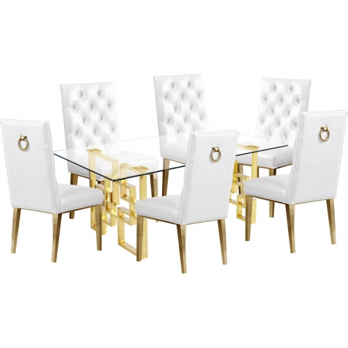 D222 7 Piece Dining Set in Glass, Gold Stainless Steel & White Leatherette