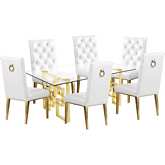 D222 7 Piece Dining Set in Glass, Gold Stainless Steel & White Leatherette