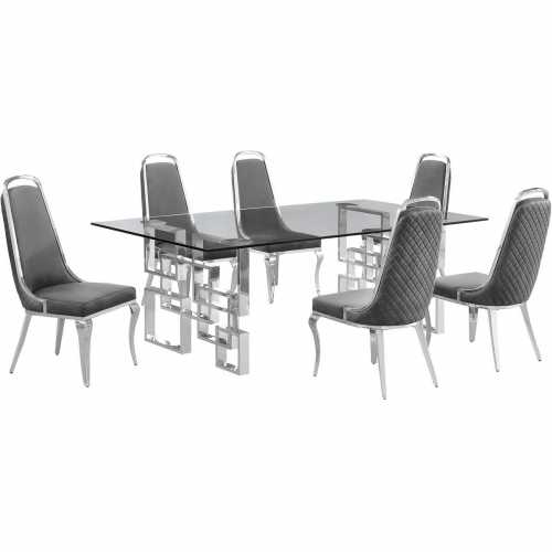 D223 7 Piece Dining Set in Tempered Glass, Stainless Steel & Dark Gray Velvet