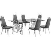 D223 7 Piece Dining Set in Tempered Glass, Stainless Steel & Dark Gray Velvet