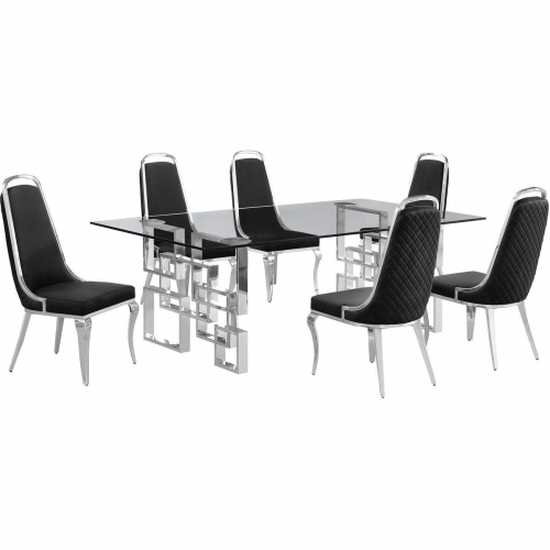 D223 7 Piece Dining Set in Tempered Glass, Stainless Steel & Black Velvet