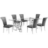 D223 7 Piece Dining Set in Tempered Glass, Polished Stainless Steel & Dark Gray Velvet
