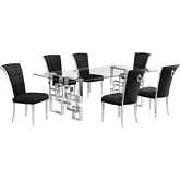 D223 7 Piece Dining Set in Tempered Glass, Polished Stainless Steel & Black Velvet