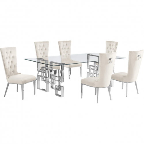 D223 7 Piece Dining Set in Tempered Glass, Polished Stainless Steel & Cream Velvet