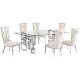 D223 7 Piece Dining Set in Tempered Glass, Polished Stainless Steel & Cream Velvet