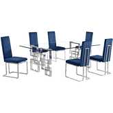 D223 7 Piece Dining Set in Tempered Glass, Stainless Steel & Navy Blue Velvet