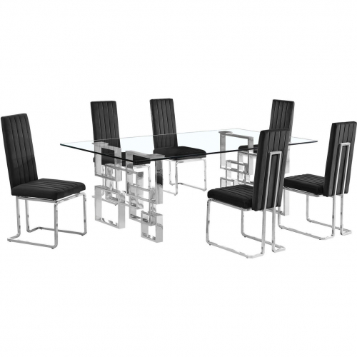 D223 7 Piece Dining Set in Tempered Glass, Stainless Steel & Black Velvet