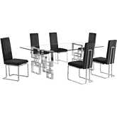 D223 7 Piece Dining Set in Tempered Glass, Stainless Steel & Black Velvet
