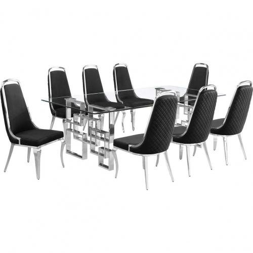 D223 9 Piece Dining Set in Tempered Glass, Stainless Steel & Black Velvet