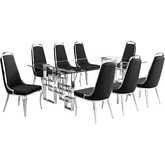 D223 9 Piece Dining Set in Tempered Glass, Stainless Steel & Black Velvet