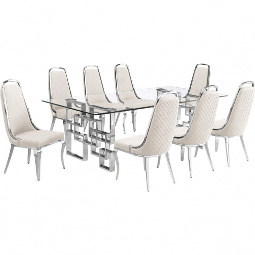 D223 9 Piece Dining Set in Tempered Glass, Stainless Steel & Cream Velvet