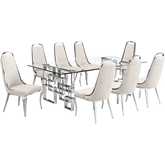 D223 9 Piece Dining Set in Tempered Glass, Stainless Steel & Cream Velvet