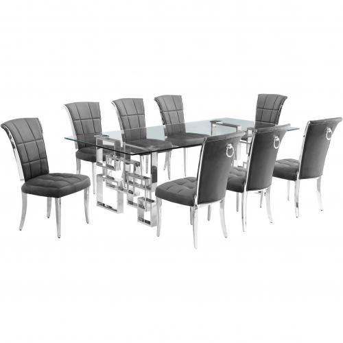 D223 9 Piece Dining Set in Tempered Glass, Polished Stainless Steel & Dark Gray Velvet