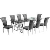 D223 9 Piece Dining Set in Tempered Glass, Polished Stainless Steel & Dark Gray Velvet