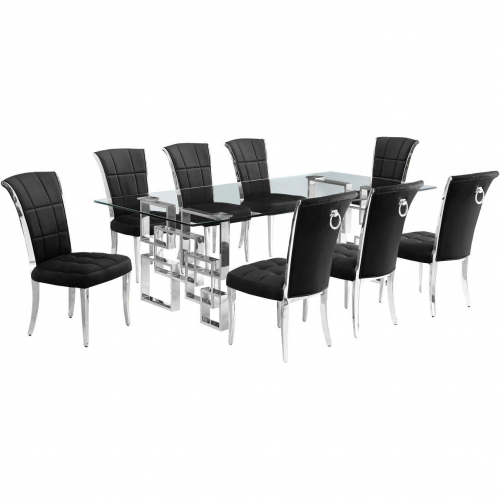 D223 9 Piece Dining Set in Tempered Glass, Polished Stainless Steel & Black Velvet